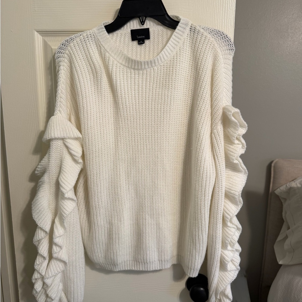 Lush Cream Ruffle Sleeve Crewneck Sweater